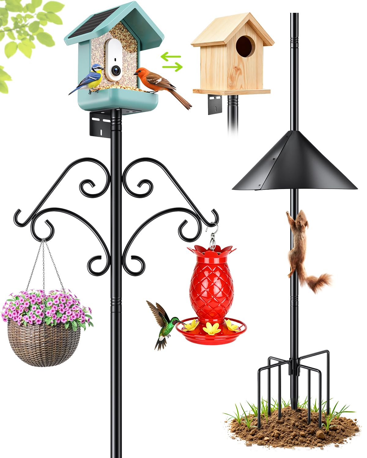 92 Inch Squirrel Proof Bird Feeder Pole with Baffle, 7-Prong Base Heavy Duty Bird House Pole with Shepherd Hooks for Outdoors Adjustable Yard Bird
