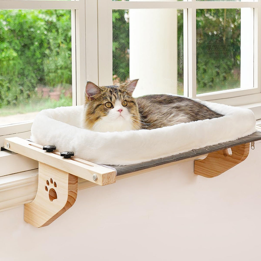 AMOSIJOY Cat Sill Window Perch Sturdy Hammock Seat with Cushion Bed Cover, Wood & Metal Frame for Large Cats, Easy to Adjust Windowsill, Bedside