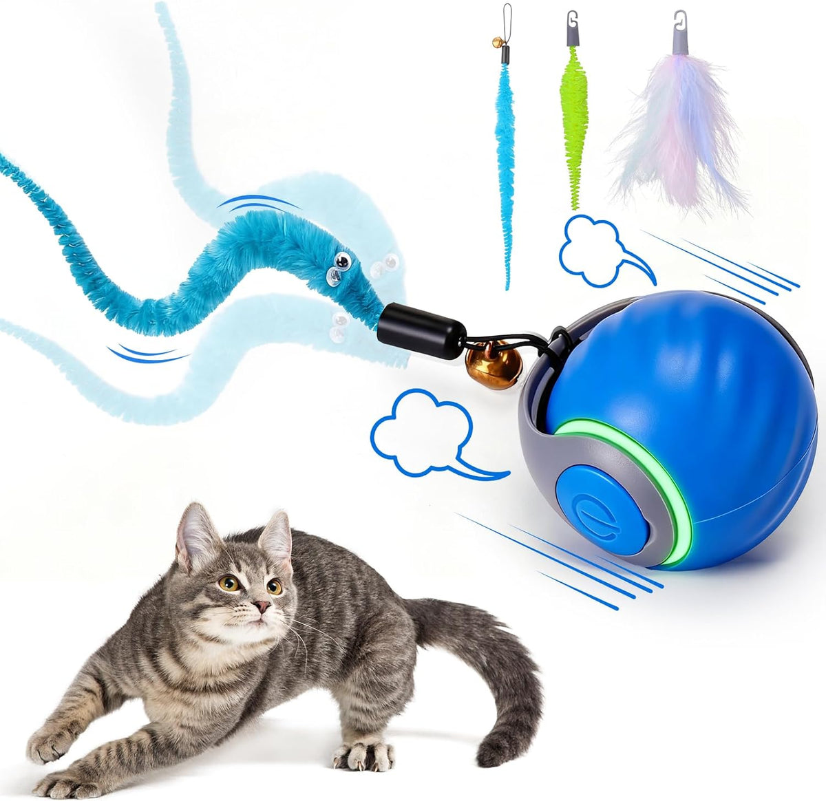 BABORUI Interactive Cat Toy Ball - Automatic Interactive Cat Toys for Indoor Cats with 3 Tails, 2 Speeds Rechargeable Cat Enrichment Toys for