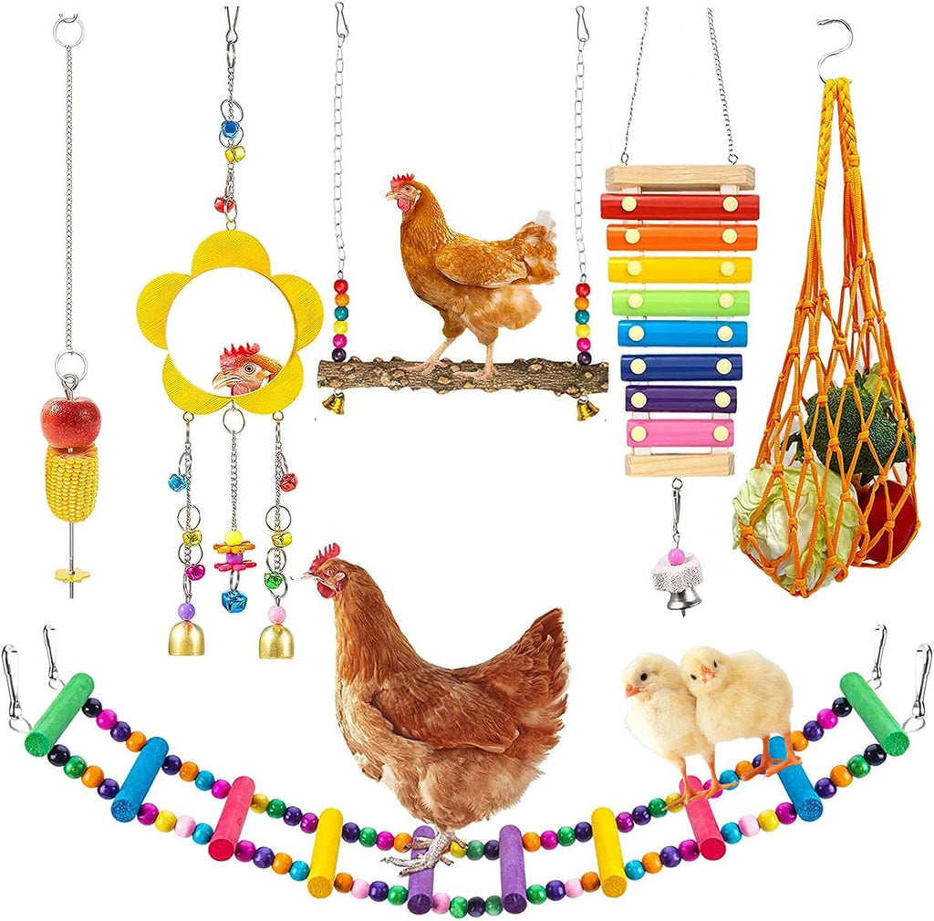 Longer Chain Chicken Toys for Coop Accessories 7PCS, Chicken Swing Ladder Perch roosts, Chicken Xylophone Mirror with Bells Vegetable Fruits Hanging