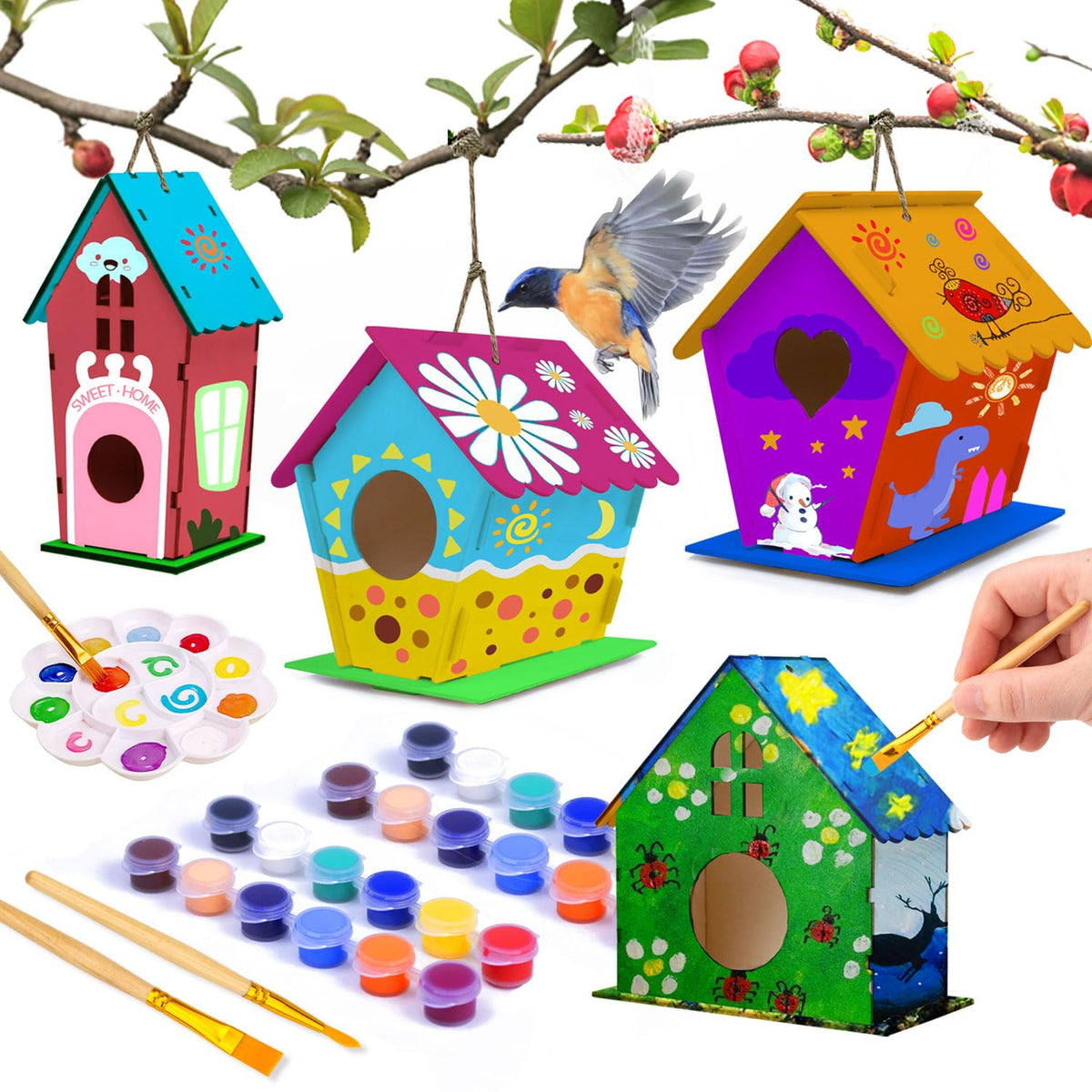 hapray 4 Pack Bird House Crafts for Kids Ages 5-8 8-12, Buildable DIY Birdhouse Kit for Children to Build, Summer Arts and Craft Projects with Paint