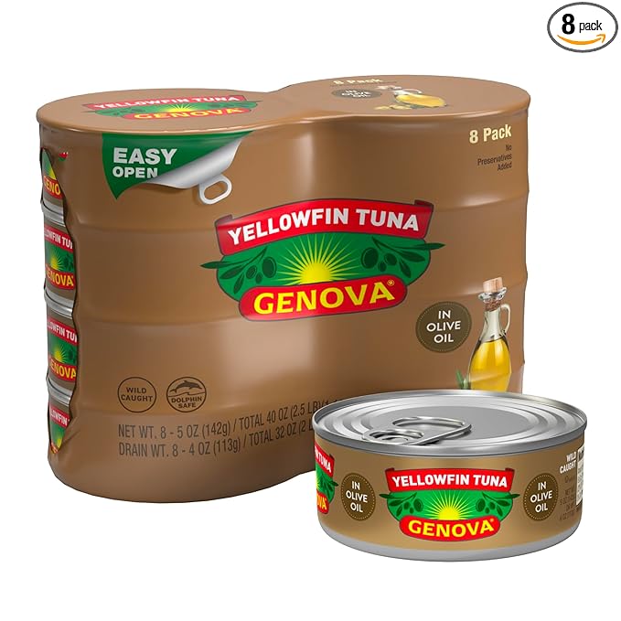 Genova Premium Yellowfin Tuna in Olive Oil, 5 Ounce Cans, 8-Pack – Nutrient Rich, High Protein Canned Tuna Fish - Delicious, Easy, Nutritious Ready