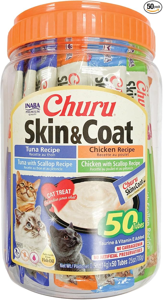 INABA Churu for Skin & Coat, Lickable, Squeezable Cat Treat with Omega Oils, Taurine and Vitamin E, 0.5 Ounces Each Tube, 50 Tubes, Skin & Coat