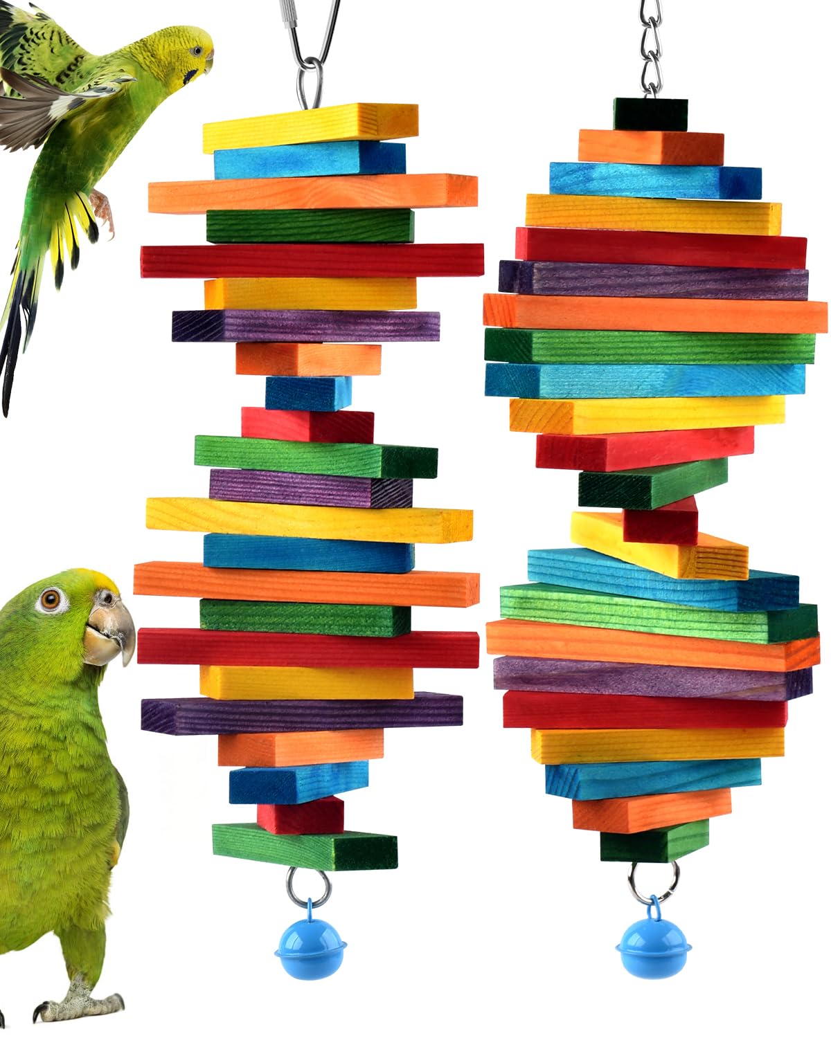 Bissap 2 PCS Bird Chew Toys, Multicolored Bagel Cascade Bird Parrot Chewing Sticks Biting Wooden Blocks Toy for Small Medium Conure Parakeet