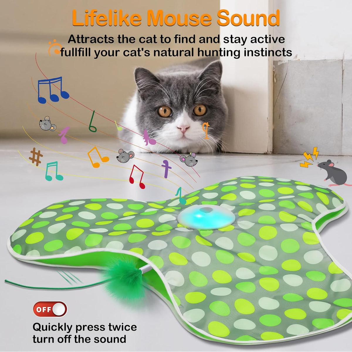 Interactive Cat Toys Rechargeable,Moving Concealed Feathers,Real Mouse Squeaky,Touch Activated Cat Kitten Toy Exercise Toys for Indoor Bored Adult