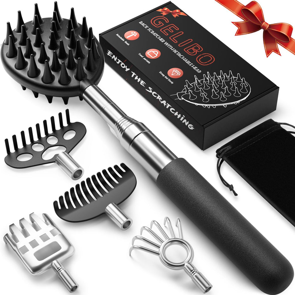 Gelibo Telescoping Large Back Scratcher with 5 Detachable Heads,Rubber Handles Gifts for Him, Gifts for Men, Extendable Back Massager Tool with