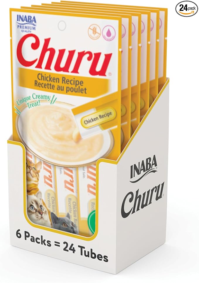 INABA Churu Cat Treats, Lickable, Squeezable Creamy Purée Cat Treat with Green Tea Extract & Taurine, 0.5 Ounces Each Tube, 24 Tubes (4 per Pack)