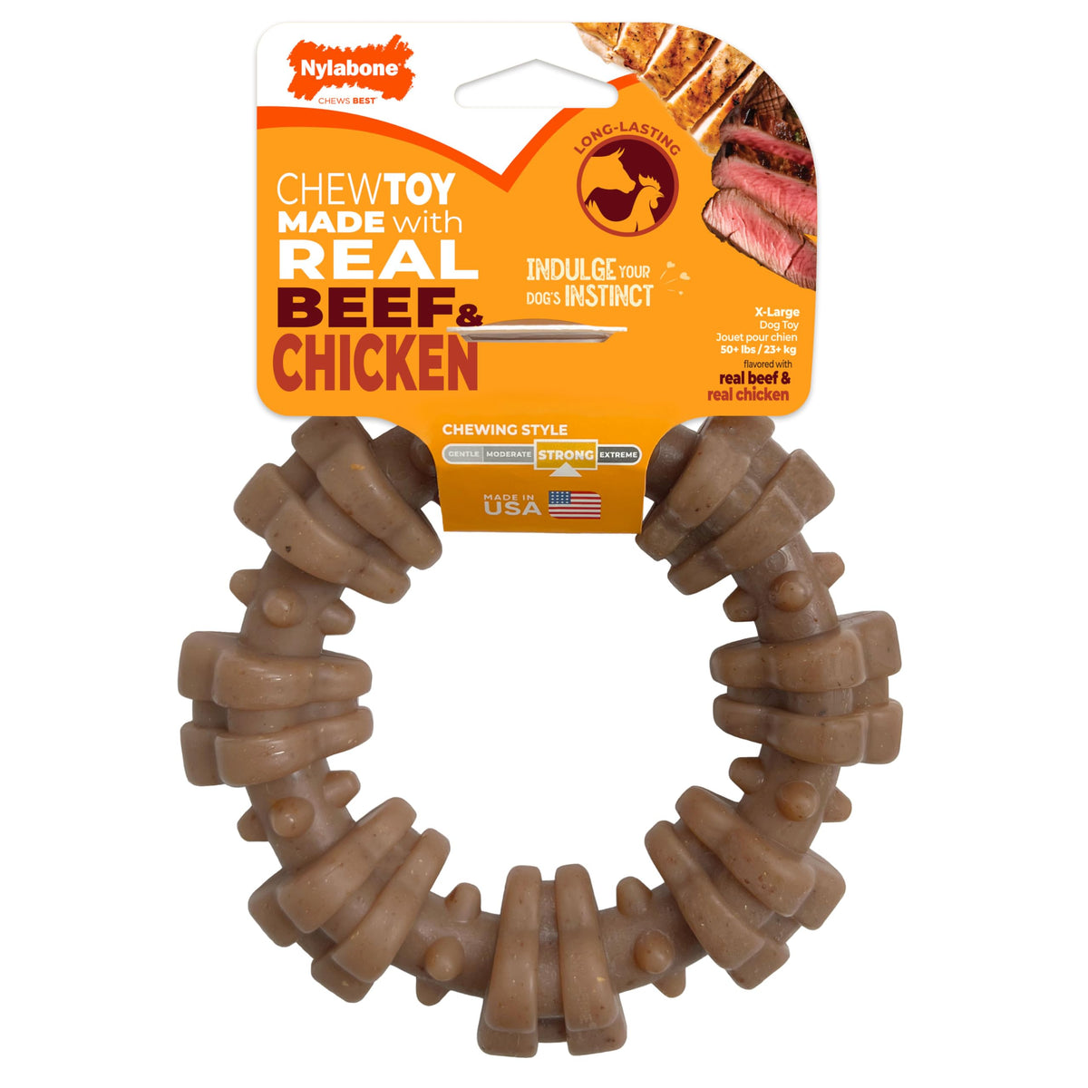 Nylabone Strong Chew Textured Ring Dog Toy Made with Real Beef & Chicken, Durable Chew Toys for Aggressive Chewers, Long Lasting Dog Bone, Keeps Dogs