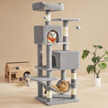 Feandrea Cat Tree, 59.5-Inch Tall Cat Tower, Plush Multi-Level Condo with 5 Scratching Posts, 2 Perches, 2 Caves, Hammock, 2 Pompoms, Light Gray