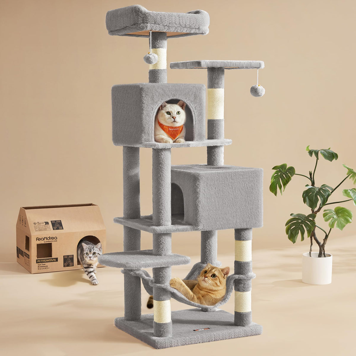 Feandrea Cat Tree, 59.5-Inch Tall Cat Tower, Plush Multi-Level Condo with 5 Scratching Posts, 2 Perches, 2 Caves, Hammock, 2 Pompoms, Light Gray