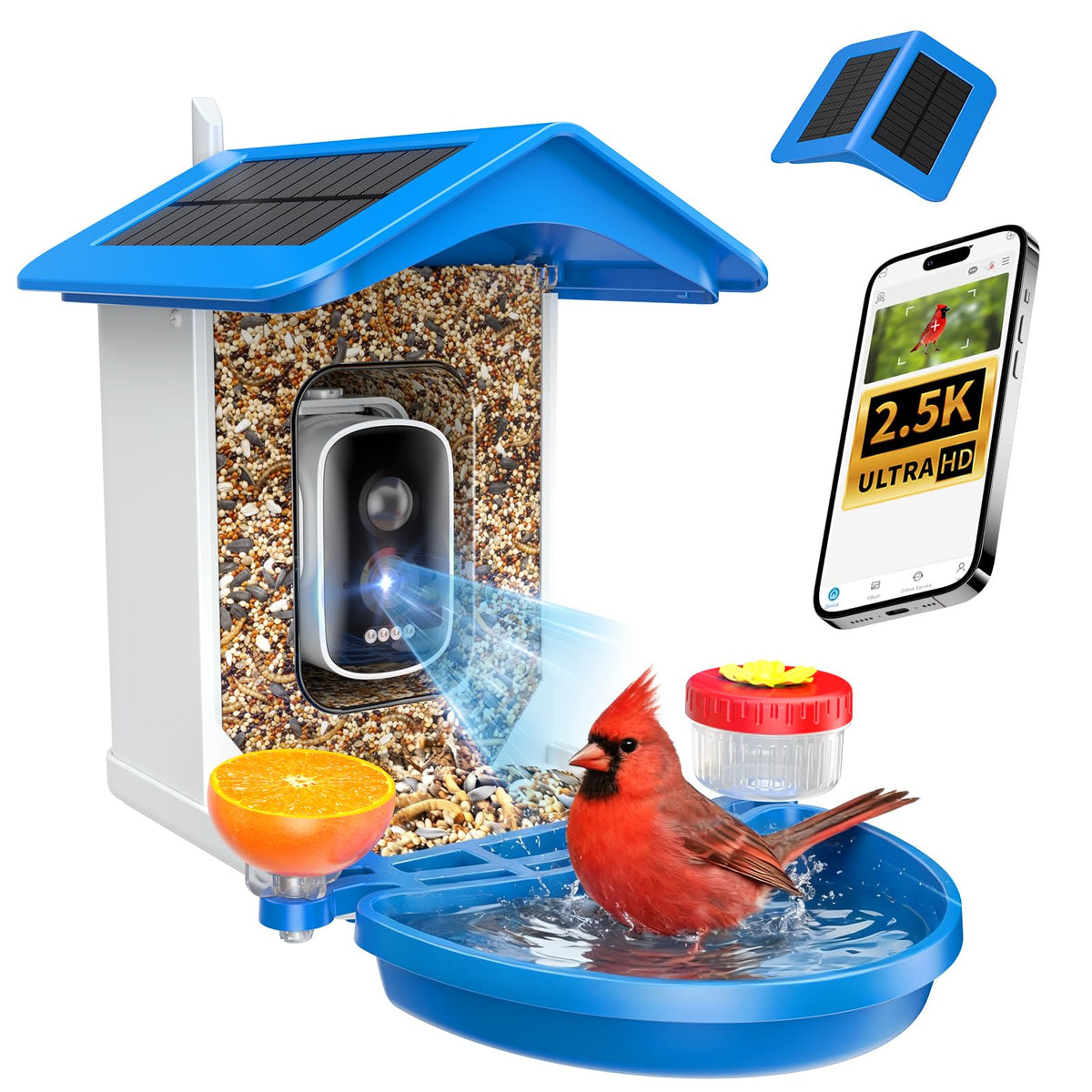 Smart Bird Feeder with Camera 2.5K QHD, AI Identify 16000+ Birds, Auto-Capture & Motion Detection, IP65 Waterproof, 5W Solar Panel, 140° Field of