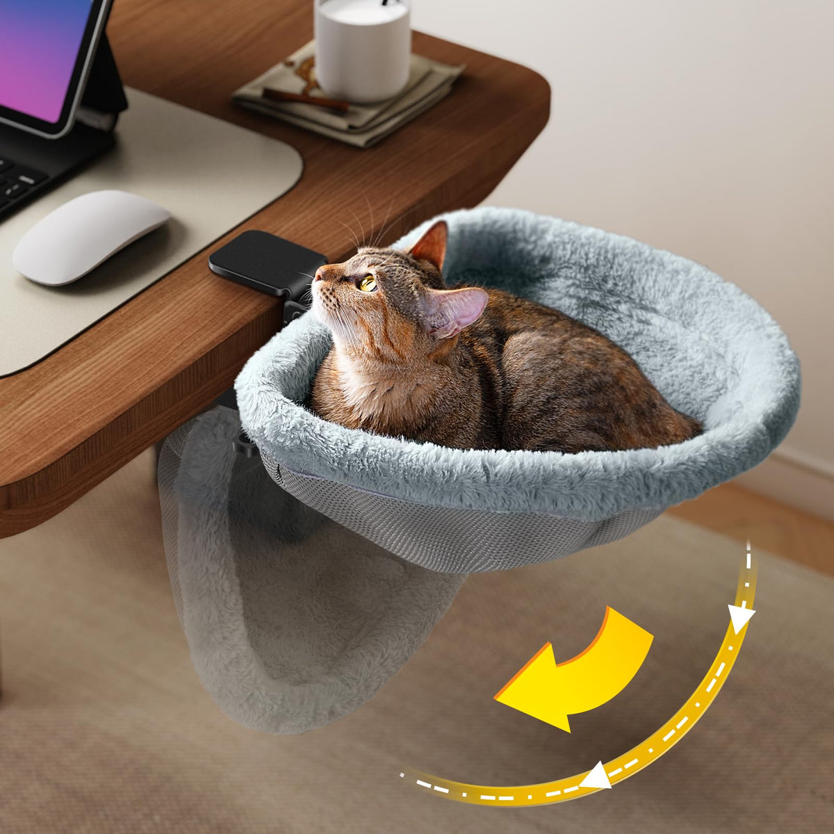 JUNSPOW Cat Desk Bed - One-Click Folding,Sunken Design & Space-Saving Semi-Circular Cat Bed, Soft Faux Rabbit Fur Material, Suitable for Various
