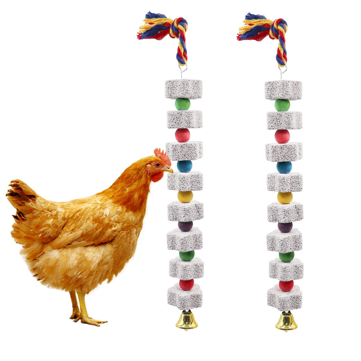 2 Pack Large Chicken Chewing Toy, Chick Beak Grinding Calcium Stone with Bells, Cage Accessories for Bird Parrot Cockatiel Parakeet Budgies Rat