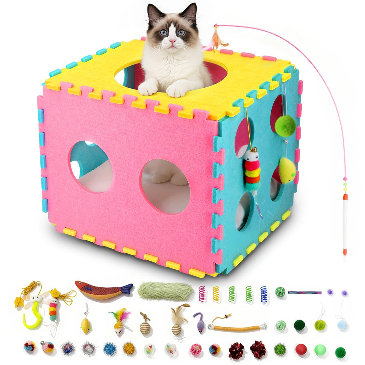 41 Pcs Interactive Cat Toys for Indoor Cats, Kitten Toys with Soft Pillow, Catnip Toys, Chew Rope, Feather Wand, Springs and Balls for Indoor Kittens