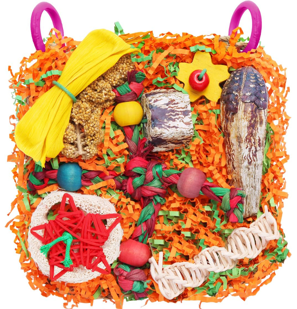 Bird Toys for Small & Medium Parrots - Natural Foraging & Shredding Cage Hanging Toys with Seagrass Mat, Starfruit, Loofah Slices for Budgies