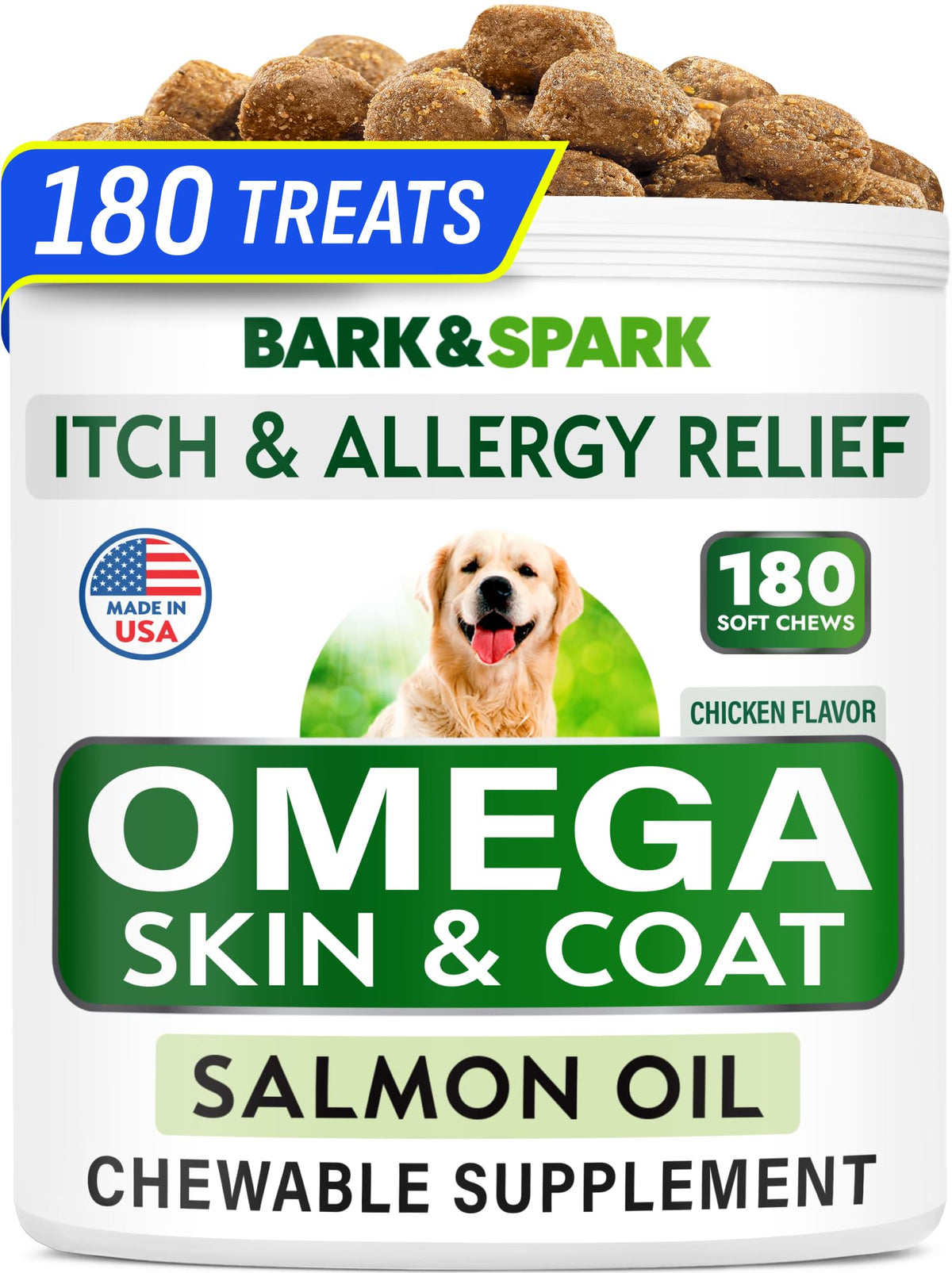 BARK&SPARK Omega 3 for Dogs - 180 Fish Oil Treats for Dog Shedding, Skin Allergy Chews, Itch Relief, Hot Spots Treatment - Joint Health - Skin and