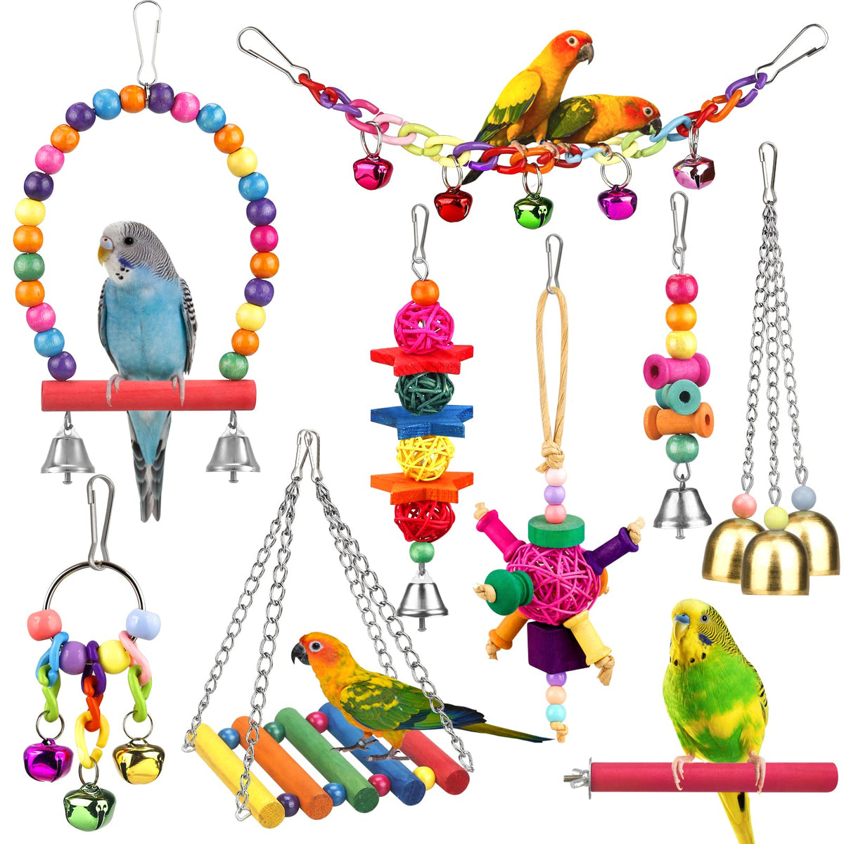 Bird Toys for Conures with Colorful Ladder Hammock Bird Cage Accerious Bird Perch Stand Chewing Toys Hanging Bell for Parrot Parakeet Cockatiel