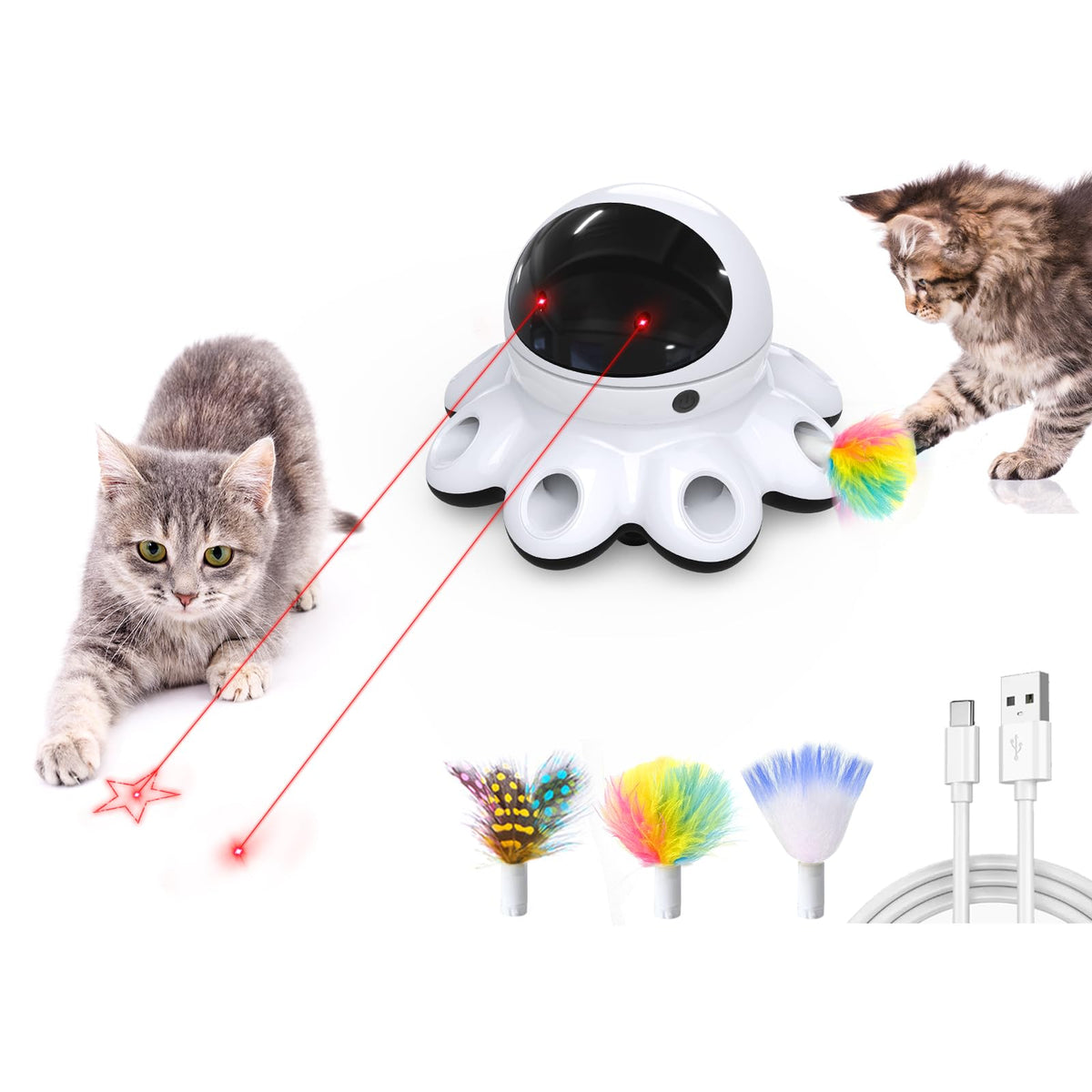 ORSDA Cat Laser Toy, 2-in-1 Interactive Automatic Motion Activated Moving 8 Holes Whack A Mole Feather, USB Rechargeable Electronic Smart Sensor