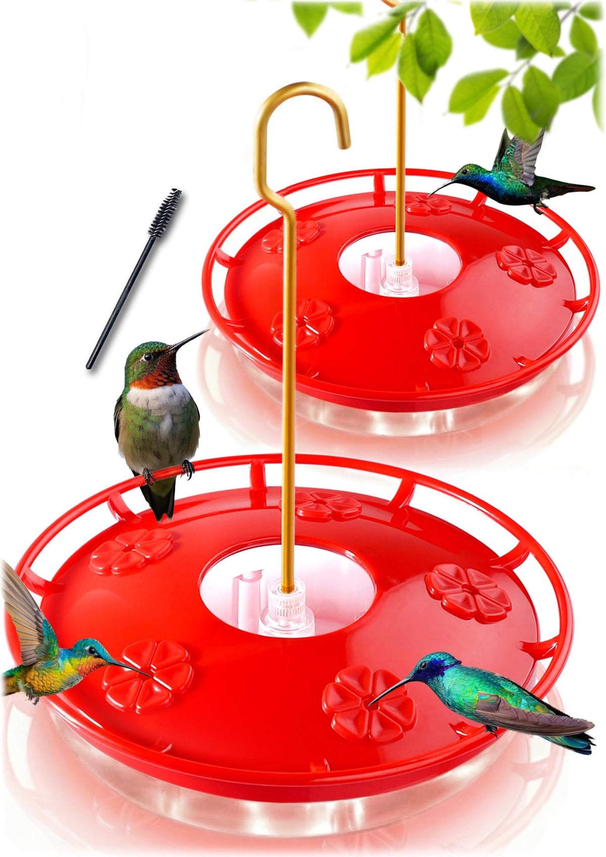 eWonLife 2 Pack Hummingbird Feeders for Outdoors, 16oz Leak-Proof Saucer Humming Bird Feeder with Integrated Ant Moat, Bee Proof 5 Feeding Ports