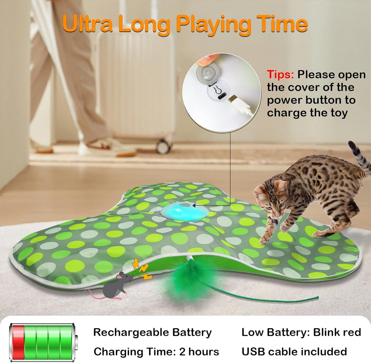 Interactive Cat Toys Rechargeable,Moving Concealed Feathers,Real Mouse Squeaky,Touch Activated Cat Kitten Toy Exercise Toys for Indoor Bored Adult