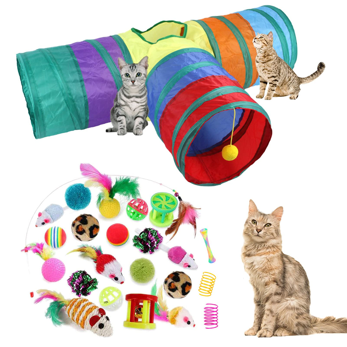 32Pcs Cat Toys Kitten Interactive Pet Toys Assortments, Foldable Rainbow Tunnel, Teaser Wand Fluffy Mouse Crinkle Balls Bell Play for Puppy Kitty (3