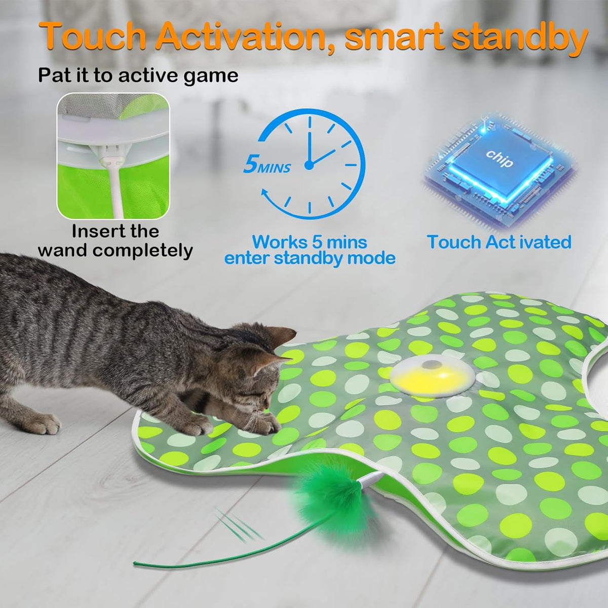 Interactive Cat Toys Rechargeable,Moving Concealed Feathers,Real Mouse Squeaky,Touch Activated Cat Kitten Toy Exercise Toys for Indoor Bored Adult