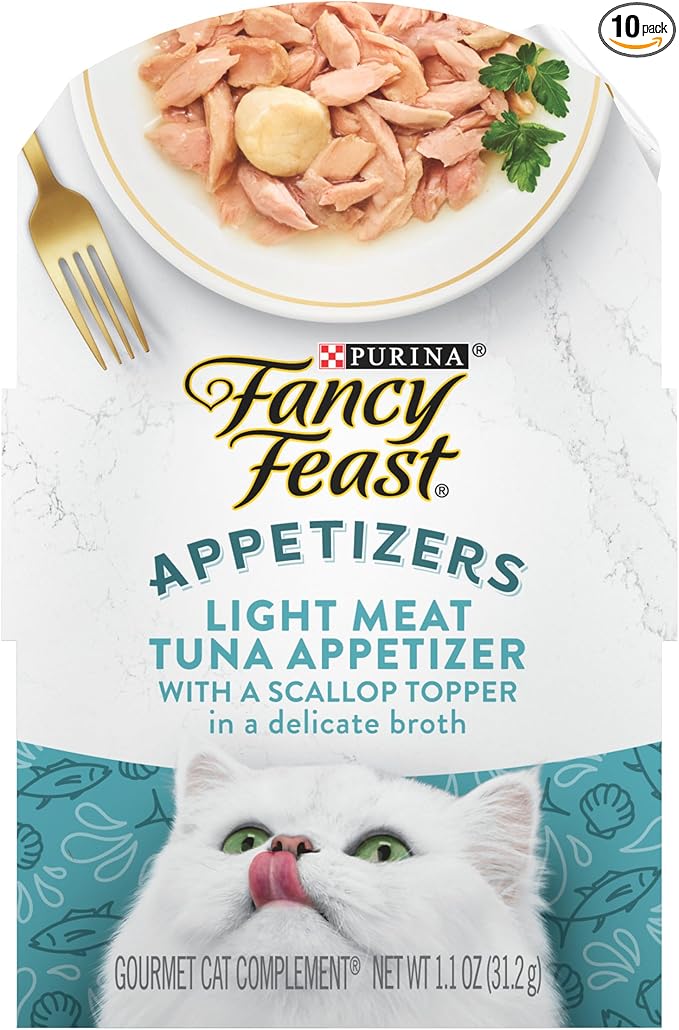 Purina Fancy Feast Appetizers Lickable Grain Free Wet Cat Food Topper Light Meat Tuna Appetizer with Scallop - (Pack of 10) 1.1 oz. Trays