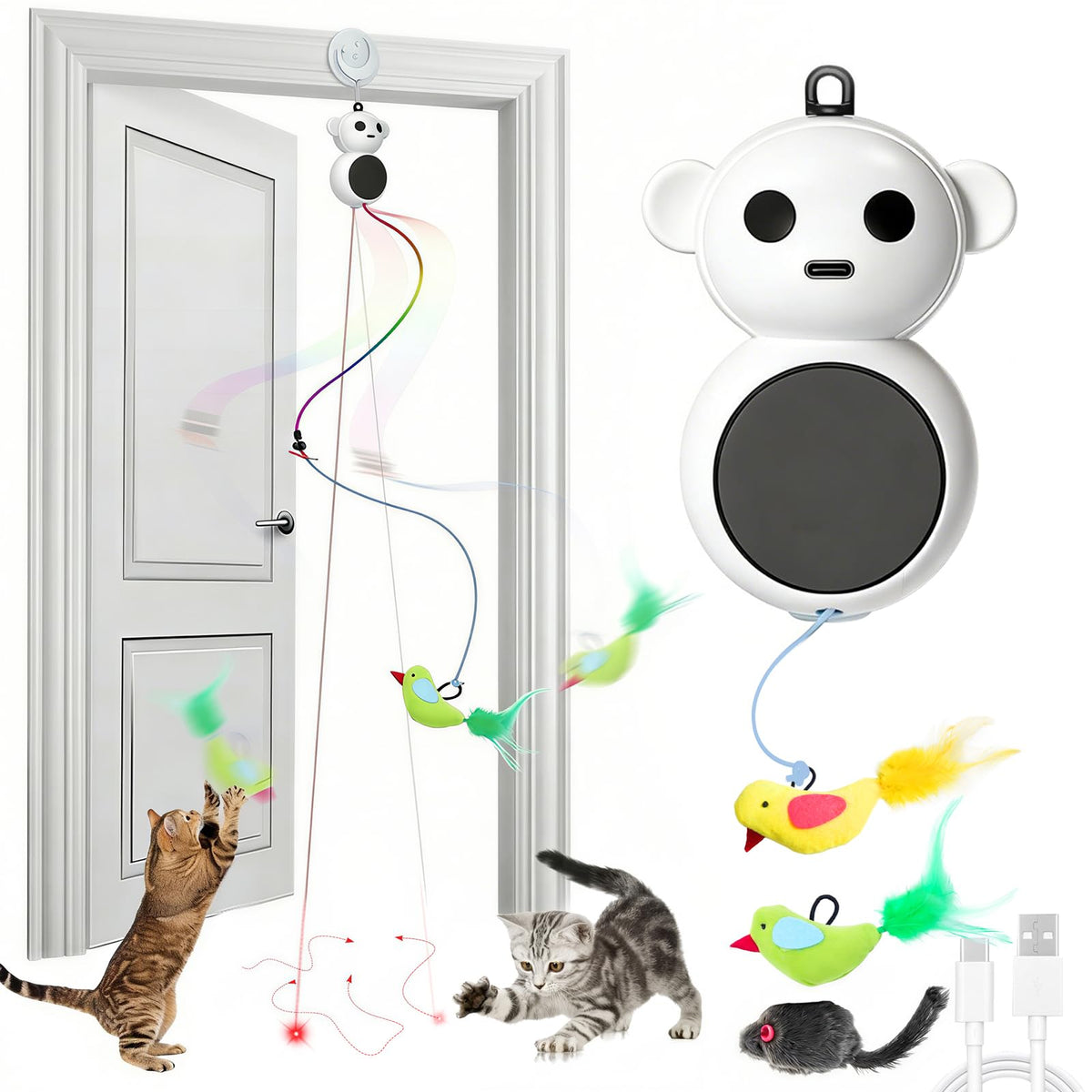 Interactive Cat Toys for Indoor Cats - 2 in 1 Automatic Laser Pointer Cat Toy with Flying Bird，Smart Moving Wand Toy with 2 Modes, Doorway Hanging