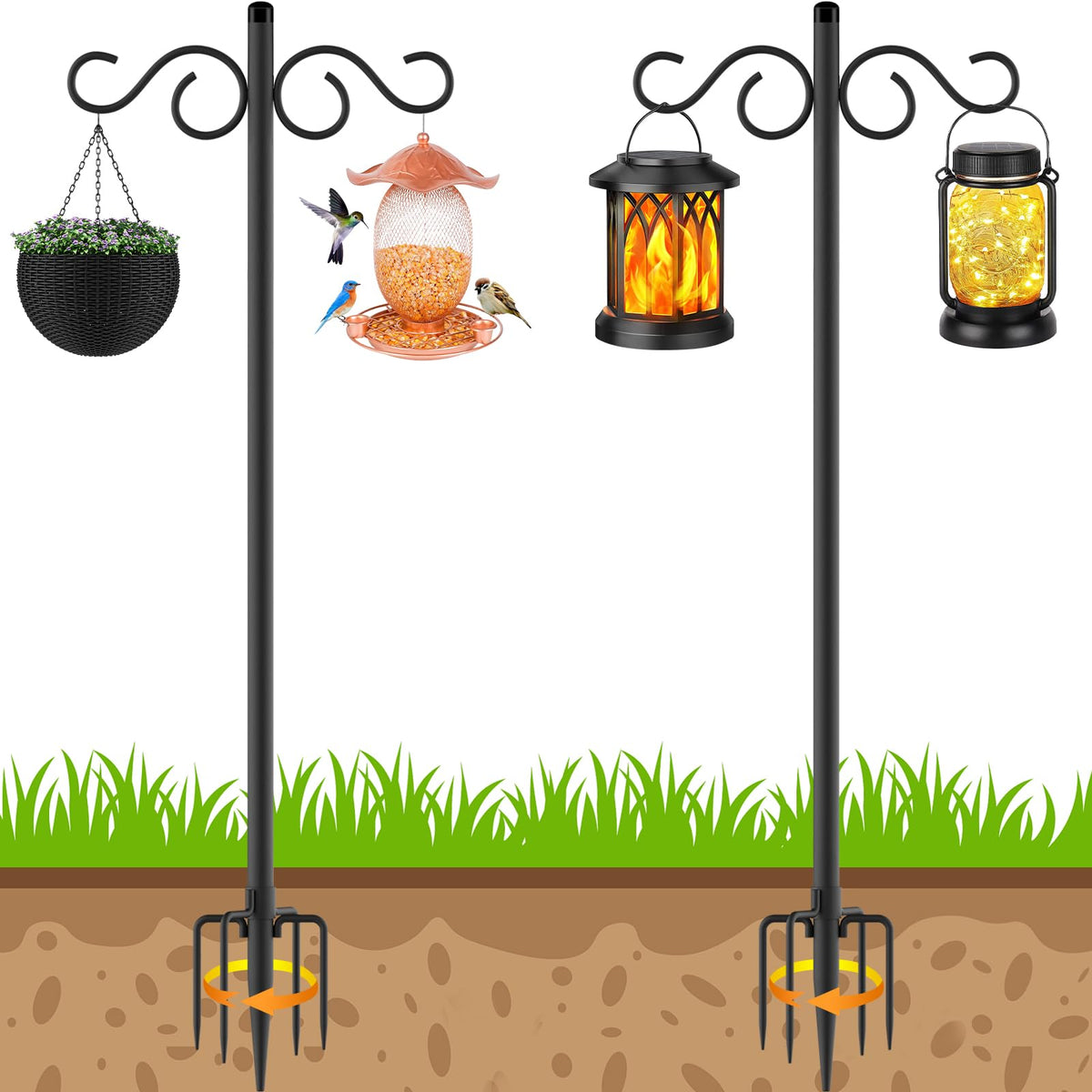 Adjustable Shepherd Hooks for Outdoor, 2 Pack 80 Inch 5 Prong Base Bird Two Sided Feeder Poles, Heavy Duty Shepherds Hook, Suitable for Garden in
