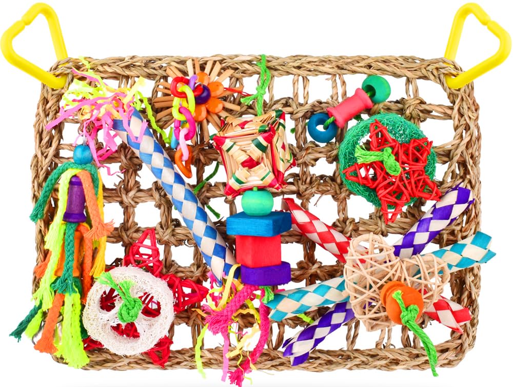 KATUMO Bird Toys, Bird Foraging Wall Toy, Edible Seagrass Woven Climbing Hammock Mat with Colorful Chewing Toys, Suitable for Lovebirds, Finch