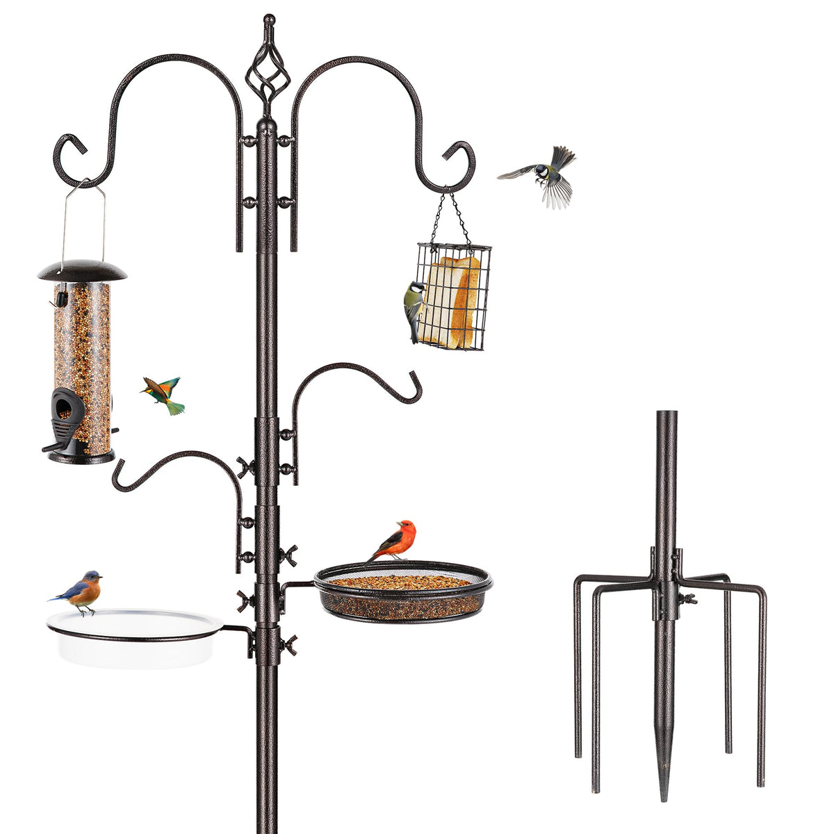 Deluxe Bird Feeding Station Kit With Multi Feeder Hanging Pole, Metal Suet Feeder, Bird Bath, Mesh Tray for Attracting Wild Birds and Planter Hanger