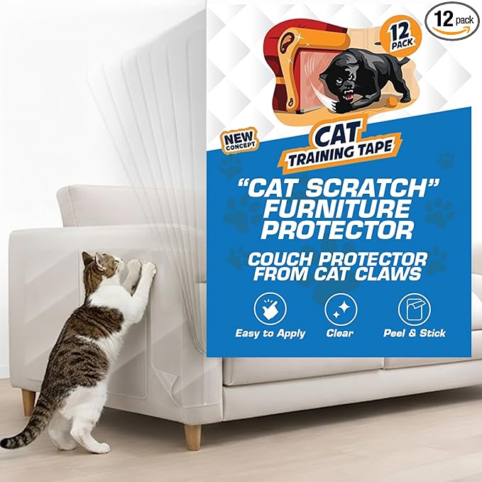 12 Pack Cat Scratch Furniture Protector Tape Sheets – Double-Sided Sticky Training (5 XL, 5 Large, 2 Medium) – Anti-Scratch Couch & Sofa Guard