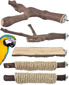 Bissap 5PCS Large Bird Perch Stand, Natural Wood Pole Standing Paw Grinding Fork Parrot Cage Branch with Rope for Macaw African Grey  Pet Medium