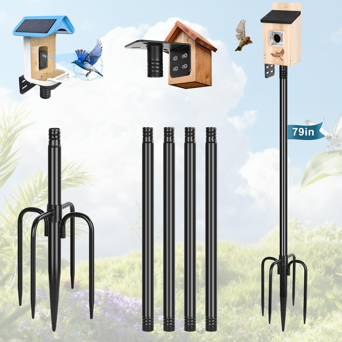 Gtongoko Smart Bird Feeder Pole 1-Inch Dia 79 Inch Bluebird House Pole for Outdoors Weather Station Heavy Duty Metal Mounting Kit Adjustable Bird