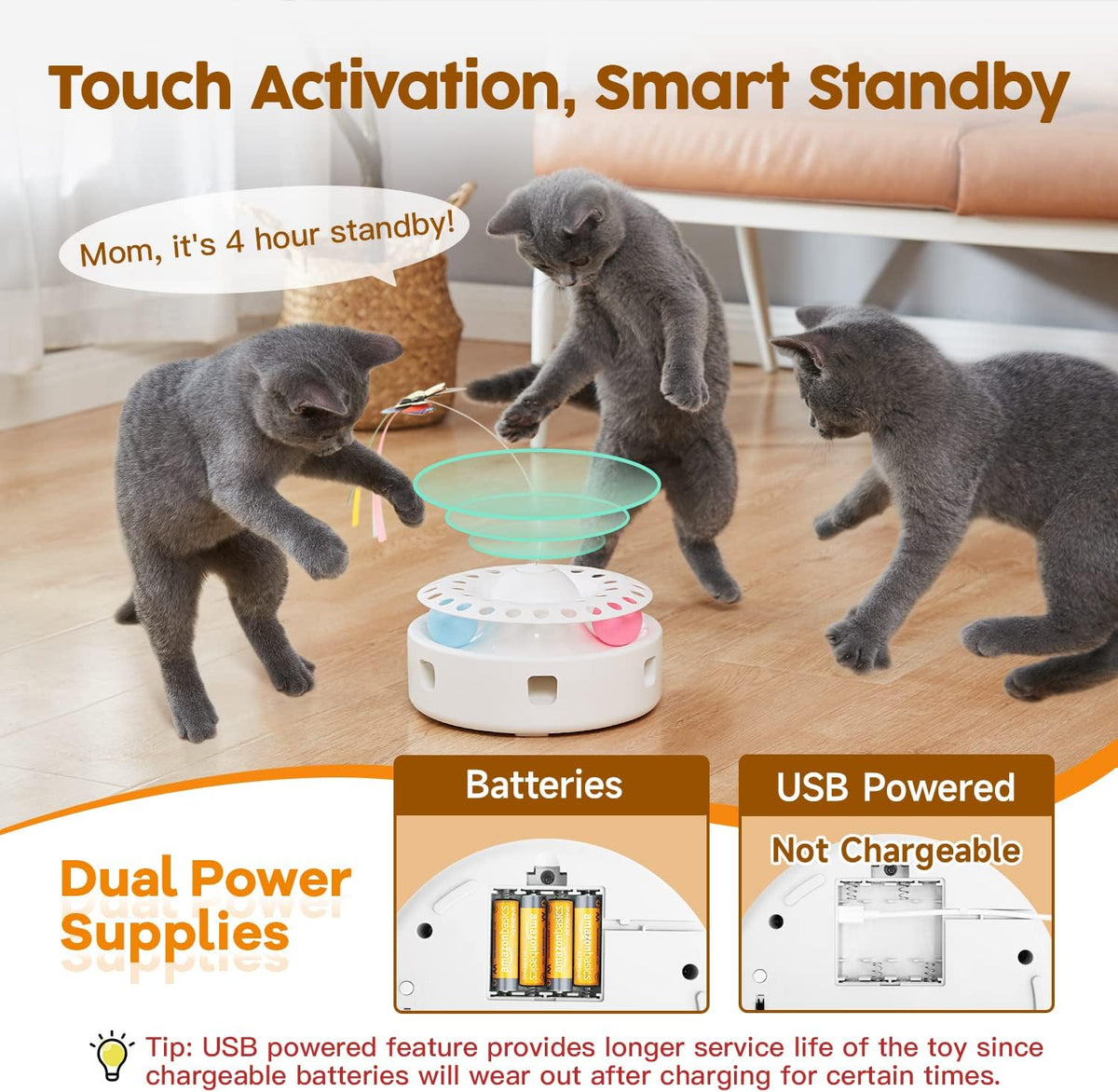 Potaroma Cat Toys 3in1 Automatic Interactive Kitten Toy, Fluttering Butterfly, Moving Feather, Track Balls, Dual Power Supplies, USB Powered, Indoor