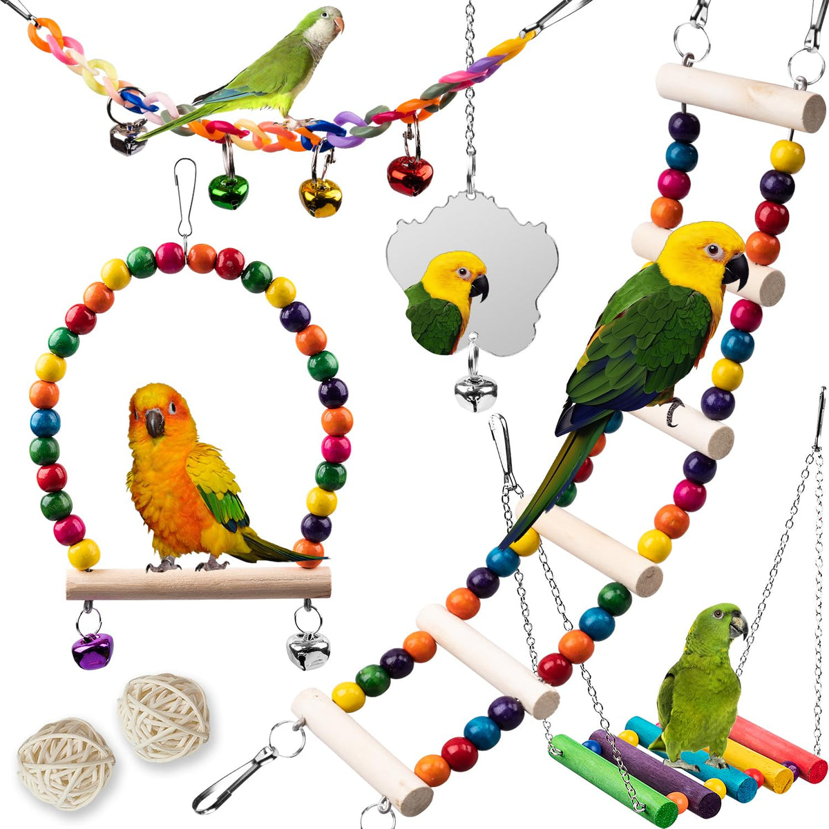 Bird Toys for Parakeets 7Pcs, Wood Parrots Budgie Cage Accessories, Bird Perch Swings for Small Conure Cockatiel Toys, Bird Ladder Swing for