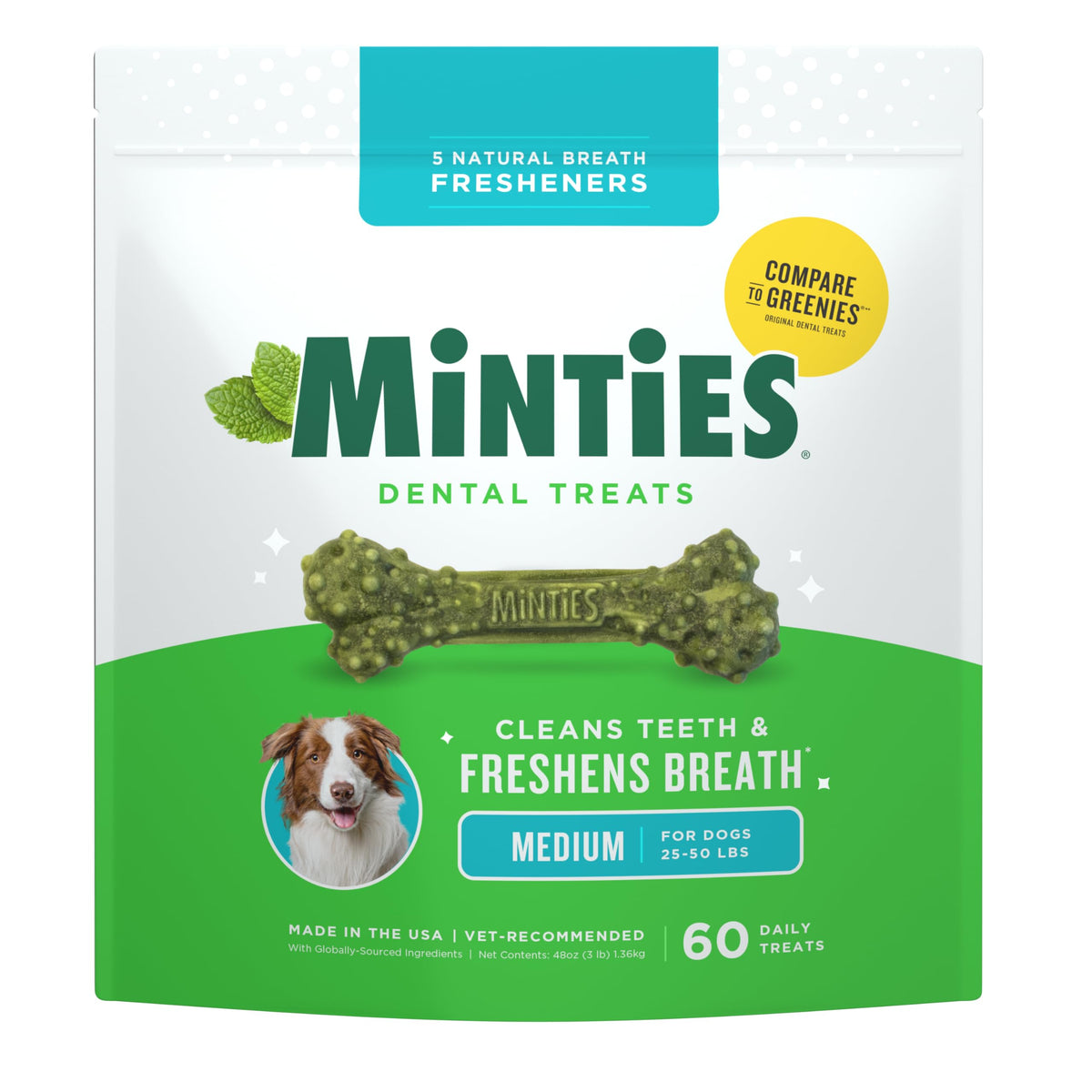 Minties Dental Chews for Dogs, 60 Count, Vet-Recommended Mint-Flavored Dental Dog Treats for Medium Dogs, Bones Clean Teeth, Fight Bad Breath, and