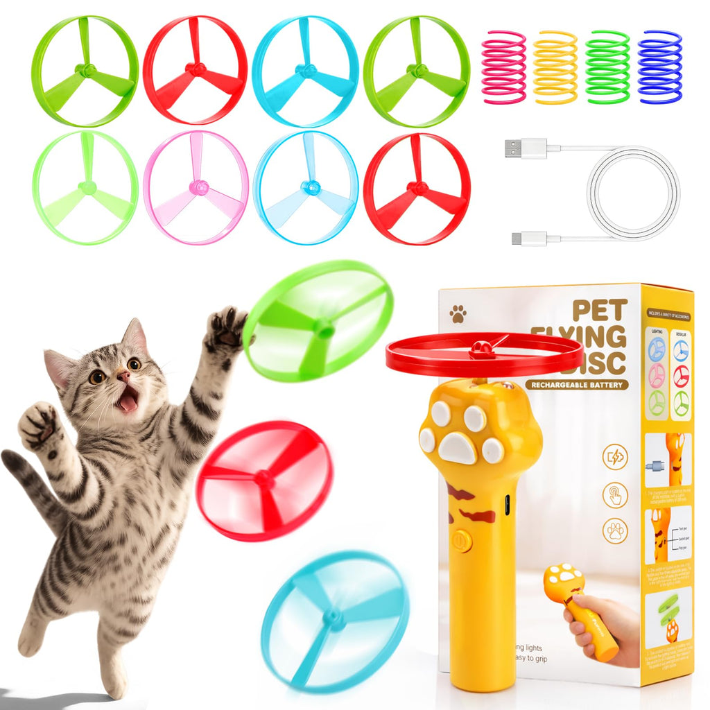 BABORUI Cat Toy Disc Launcher, Rechargeable Interactive Cat Fetch Toy Launcher with 8 Flying Discs, Flying Enrichment Toys for Indoor Bored Kittens