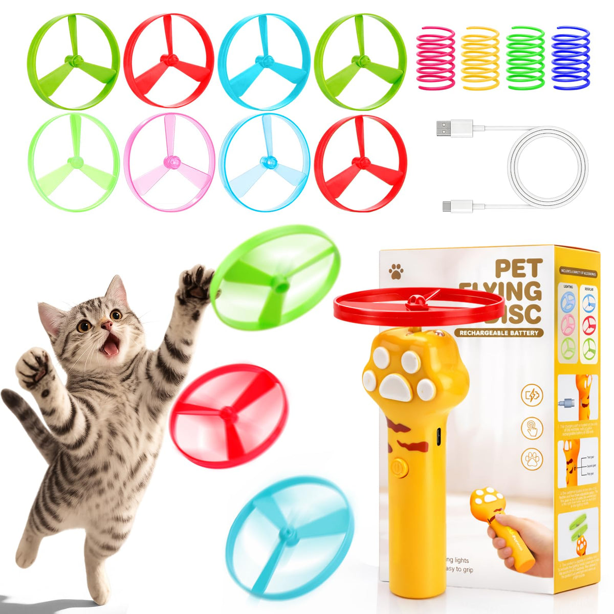 BABORUI Cat Toy Disc Launcher, Rechargeable Interactive Cat Fetch Toy Launcher with 8 Flying Discs, Flying Enrichment Toys for Indoor Bored Kittens