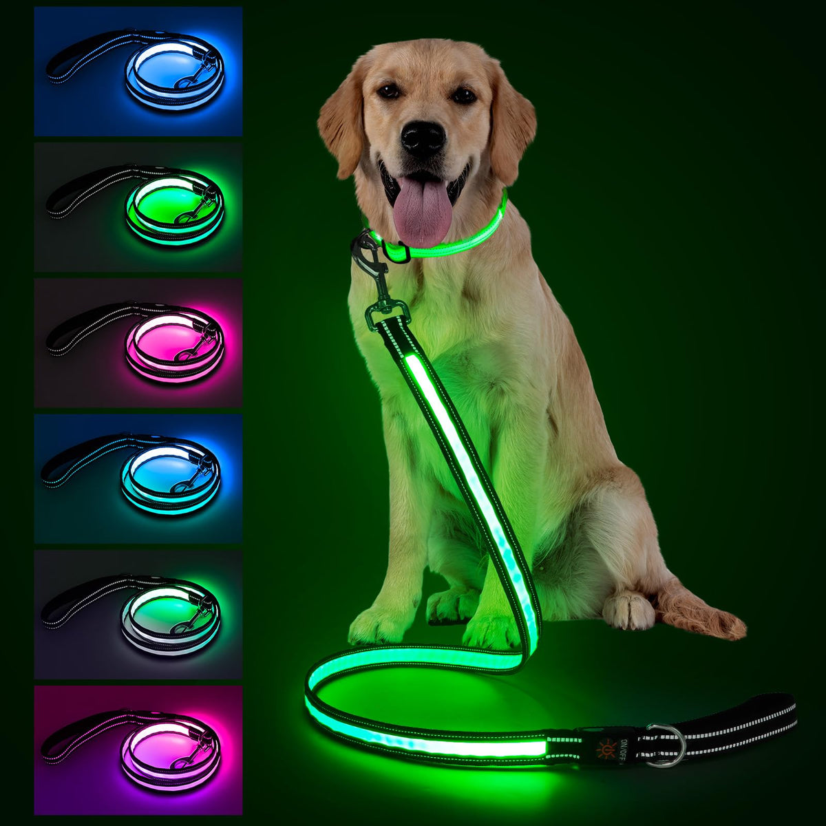 4 Ft LED Dog Leash, Light Up & Lighted Dog Leash, 7 Lighting Modes, Glow in The Dark, Reflective, Double-Sided Light, Rechargeable with Padded Handle