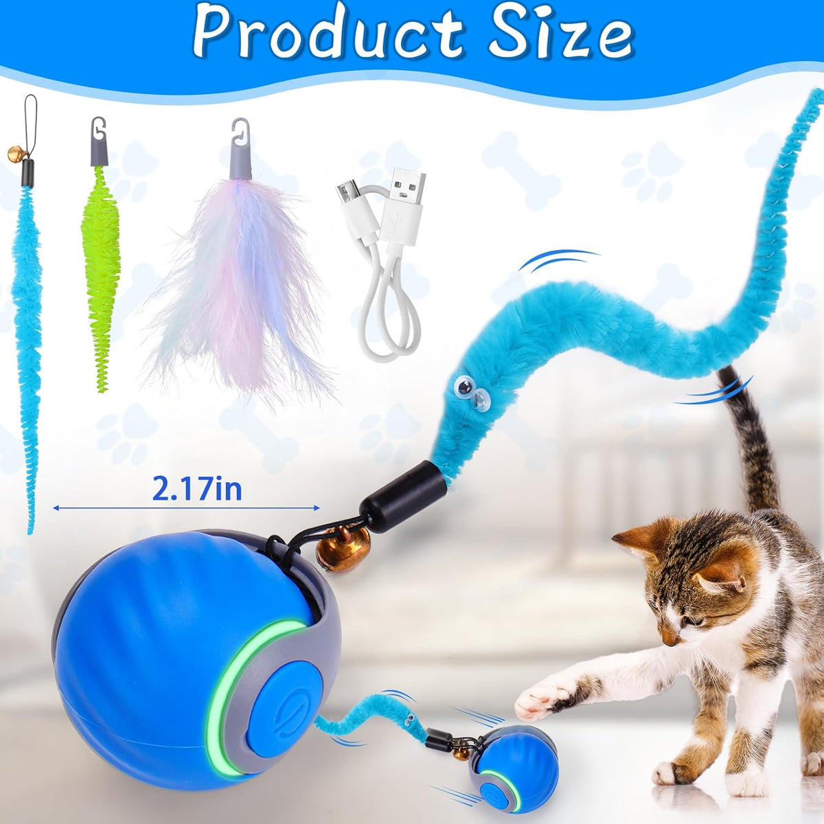 BABORUI Interactive Cat Toy Ball - Automatic Interactive Cat Toys for Indoor Cats with 3 Tails, 2 Speeds Rechargeable Cat Enrichment Toys for