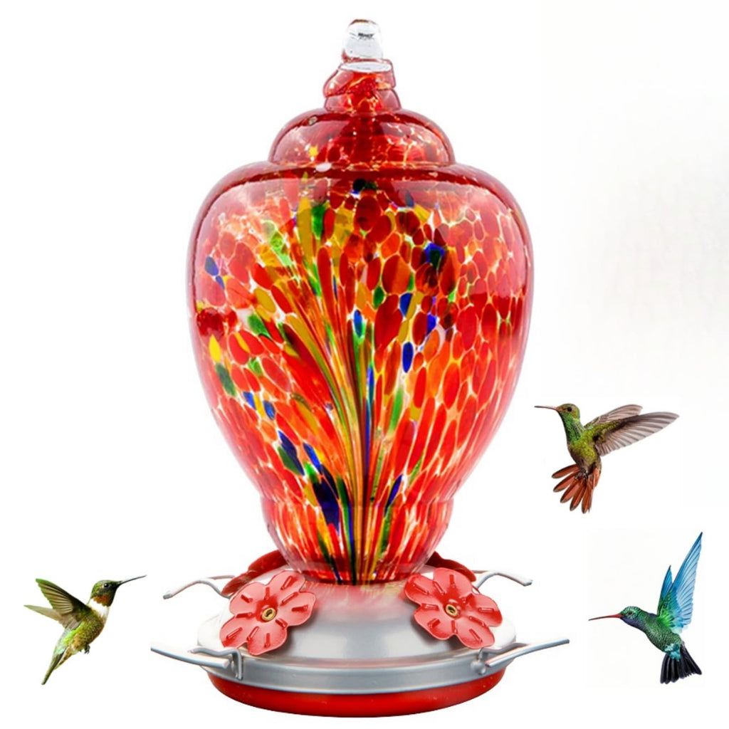 WOSIBO Hummingbird Feeder for Outdoors Patio Large 32 Ounces Colorful Hand Blown Glass Hummingbird Feeder with Ant Moat Hanging Hook, Rope, Brush and