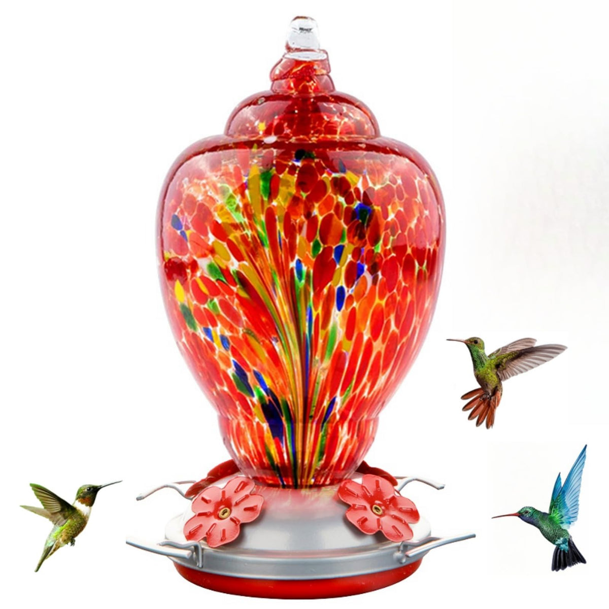 WOSIBO Hummingbird Feeder for Outdoors Patio Large 32 Ounces Colorful Hand Blown Glass Hummingbird Feeder with Ant Moat Hanging Hook, Rope, Brush and