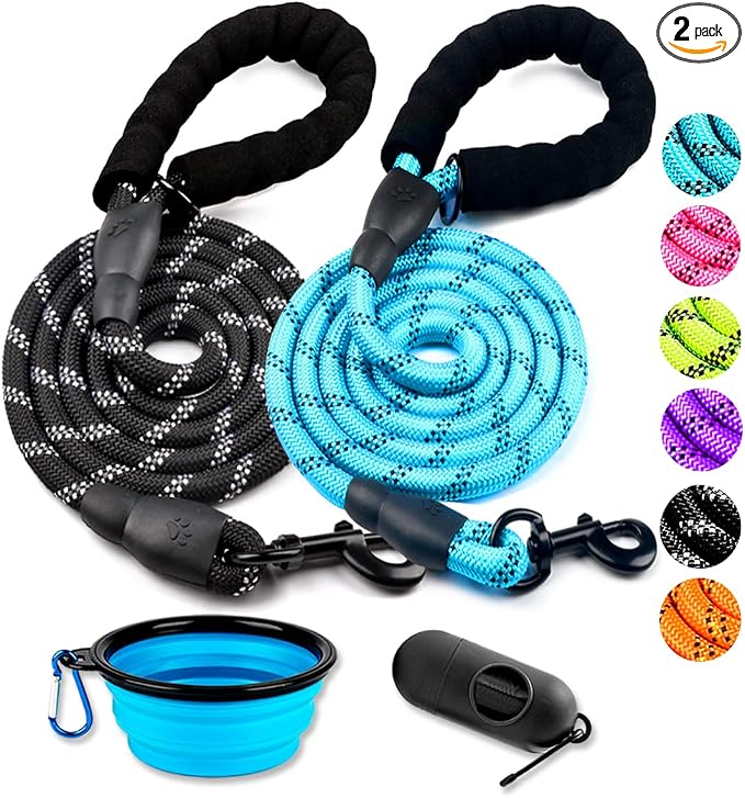 COOYOO 2 Pack Dog Leash 5 FT Heavy Duty - Comfortable Padded Handle - Reflective Dog Leash for Medium Large Dogs with Collapsible Pet Bowl