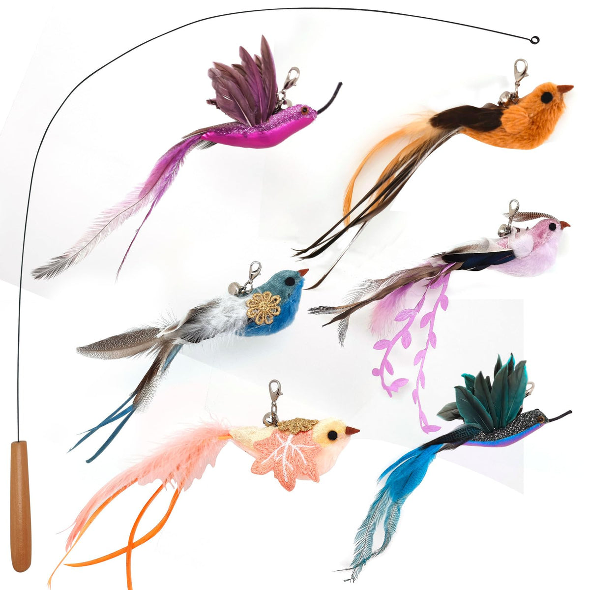 miwoowim Interactive Cat Toys for Indoor Cats - 35'' Steel Wire and 6PCS Feather Bird Refills,Teaser Toy,Cat Wand Toy,Feathers & Bells, Realistic