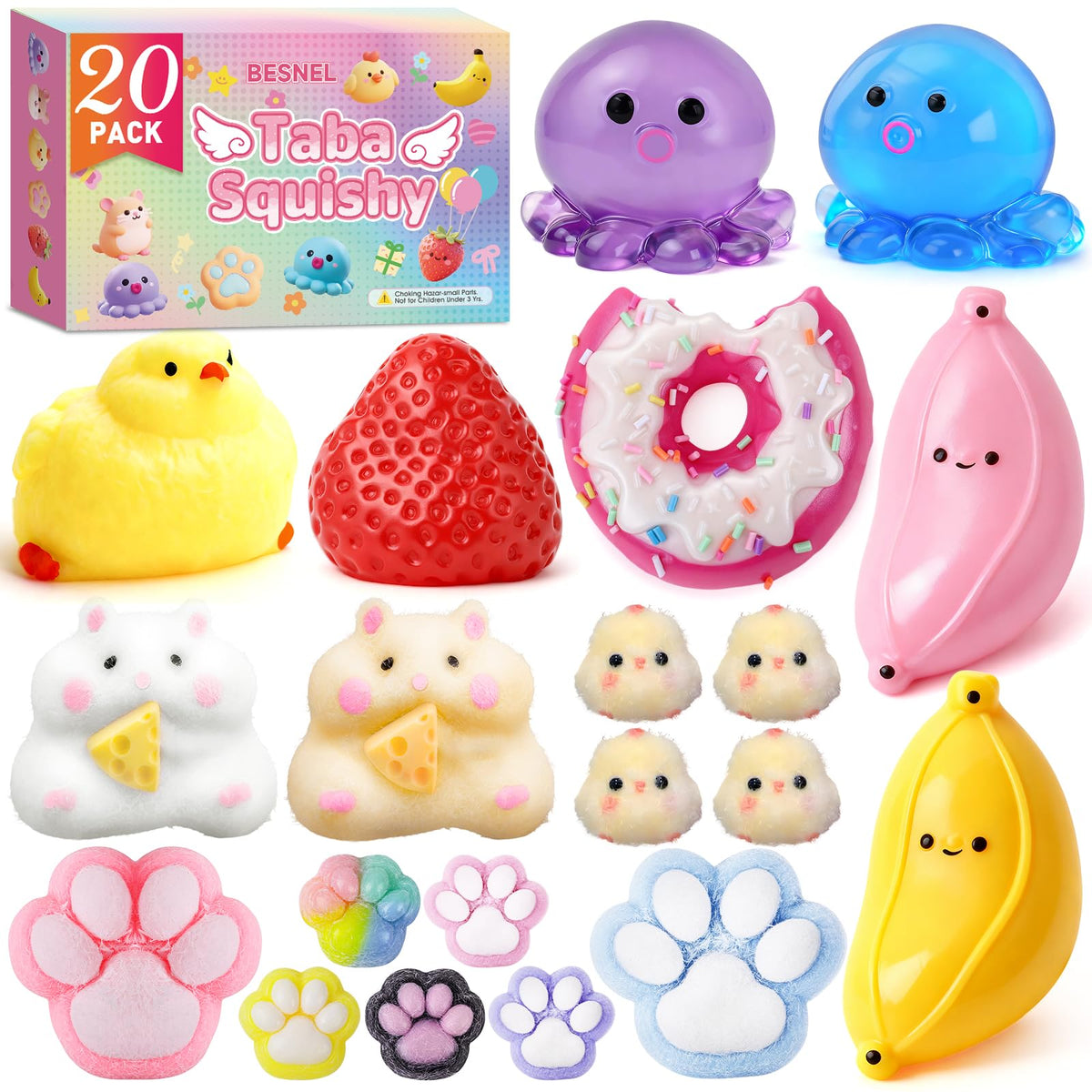 20Pcs Taba Squishy Pack Fidget Toys, Include Squishies Chick, Cat Paws, Hamster, Strawberry Toys, Sensory Toys for Kids, Classroom Birthday Gifts