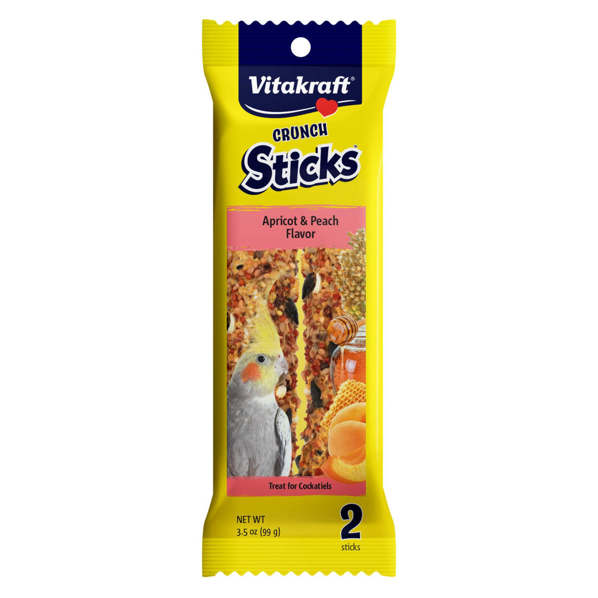 Vitakraft Crunch Sticks Cockatiel Treat Apricot Peach Flavor - Triple Baked Long Lasting Bird Treats with Natural Wood Chew Center for Beak Health
