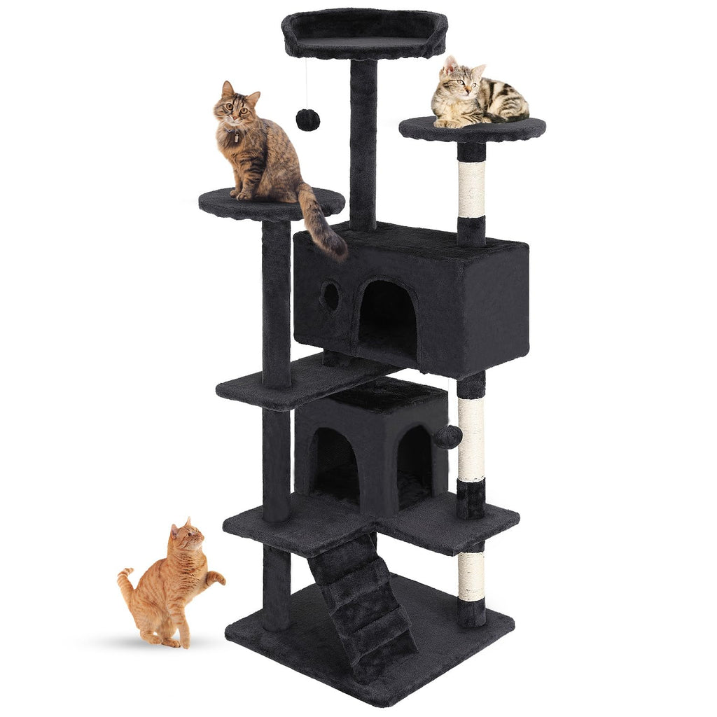 FDW | 54" Cat Tree Tower | Dark Gray | Multi-Level Indoor Activity Center with Sisal Scratching Posts, Condos, Plush Perches, Hanging Cat Toys