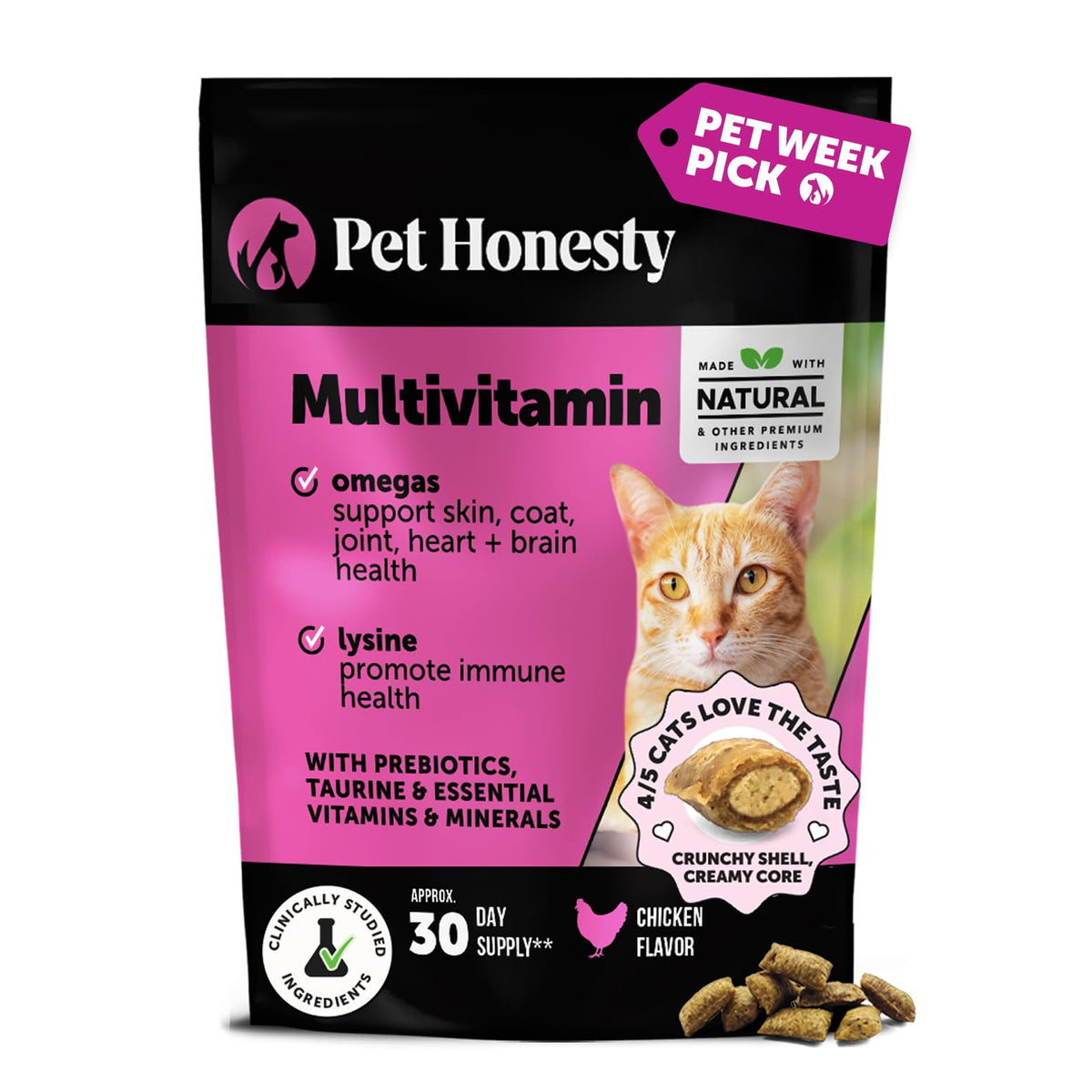 Cat Multivitamin Crunchy & Creamy Chews - Cat Treats for Health + Immune, Joint Support, Skin & Coat, & Digestion - Vitamins with Omega 3s, Lysine