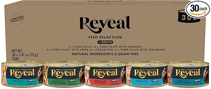Reveal Natural Wet Canned Cat Food, 5-Flavor Variety Pack, Limited Ingredient, Grain Free, High Protein with No Artificial Additives, Fish Variety in